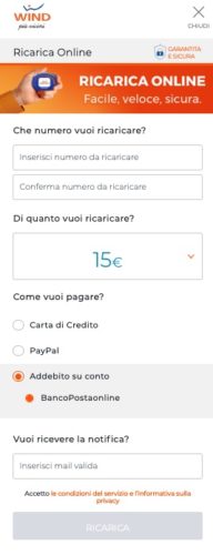 schermata online per ricarica wind 