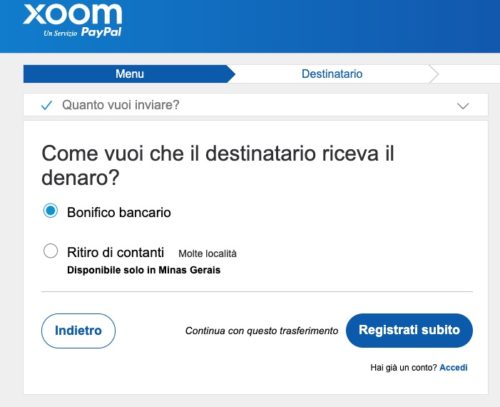 esempio scelta metodo di ricezione denaro xoom