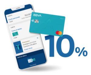 schermata dell'app bbva con carta bbva e simbolo caschback del 10%